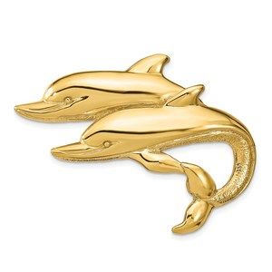 14k Yellow Gold Double Dolphins Necklace Charm Pendant Slide